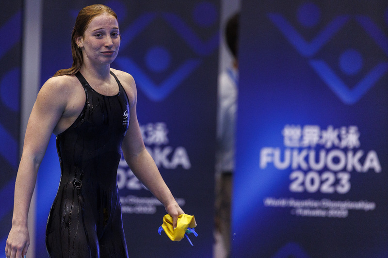 Mollie O'Callaghan ALLAGHAN of Australia celebrates a New World Record after winning in the Women’s 200m Freestyle Final during the swimming events of the 20th World Aquatics Championships in Fukuoka, Japan, Wednesday, July 26, 2023. (Photo by Patrick B. Kraemer / MAGICPBK)