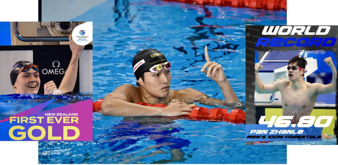 Stars of Day 1 in Doha (l-r): Erika Fairweather, Kim Woowin and Pan Zhanle