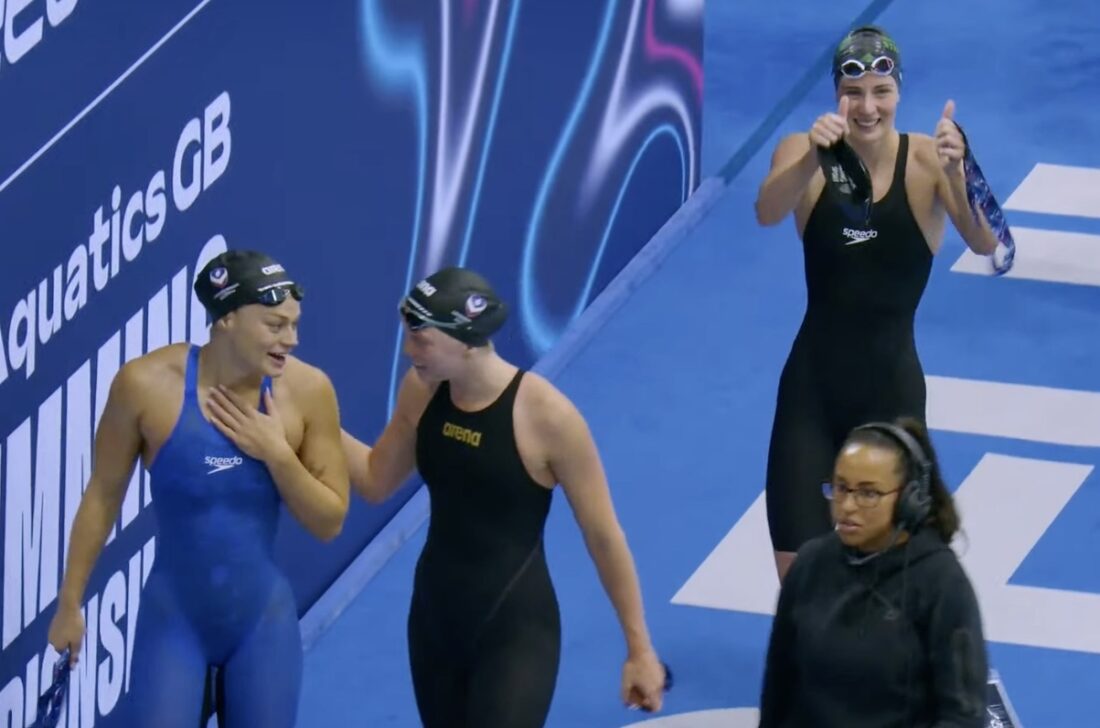 Its a thumbs up from Kathleen Dawson, top right, after she claimed a ticket to the Paris Olympics as national 100m backstroke champion - image courtesy of Aquatics GB/Channel 4