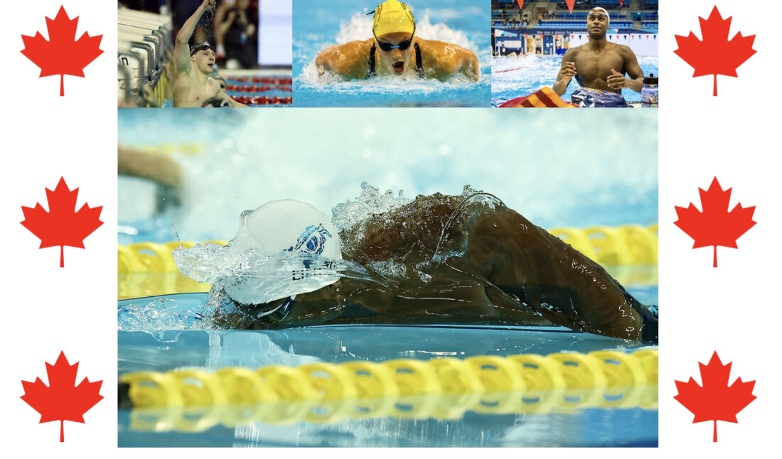 Canadian speedsters bound for Paris Olympics: main image p- Josh Liendo, by Ian MacNicol; top, l-r: Finlay Knox (by MacNicol) Summer McIntosh and Josh Liendo, by Michael P. Hall, courtesy of Swimming Canada