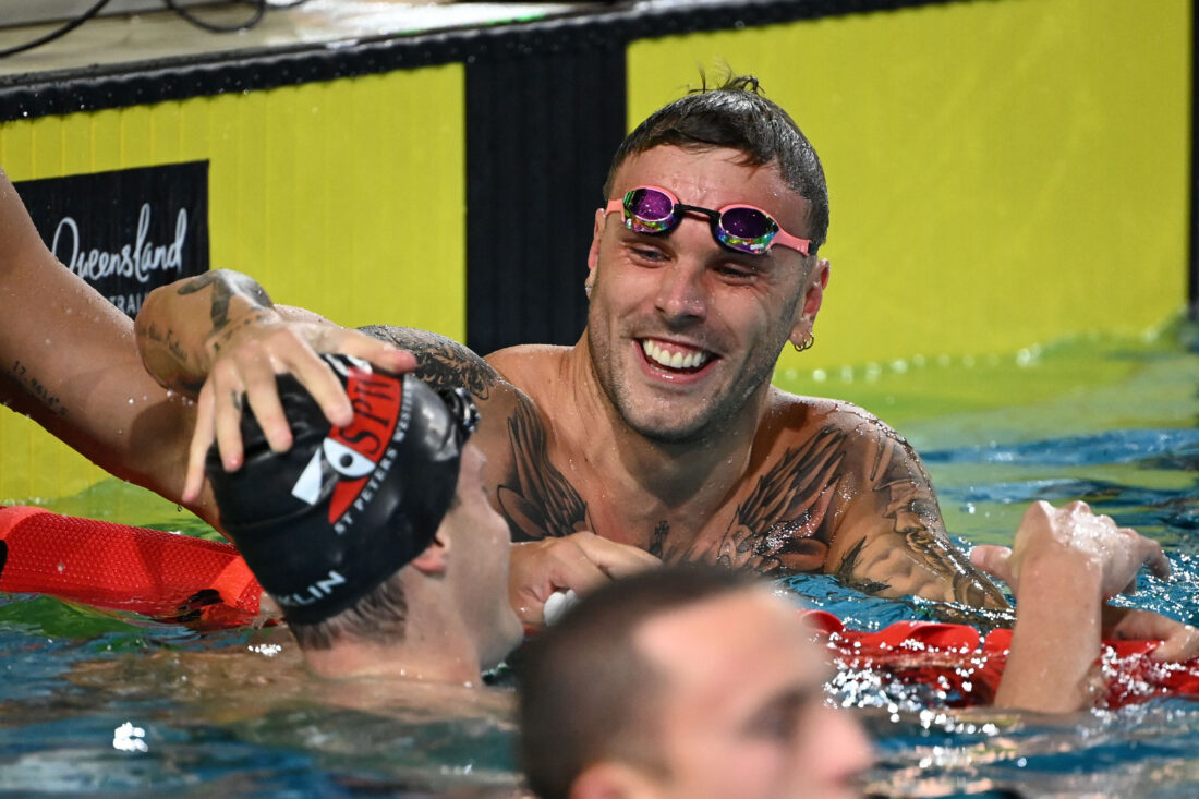 Kyle Chalmers and the sprint crew celebrate their tickets to Paris - by Delly Carr, courtesy of Swimming Australia