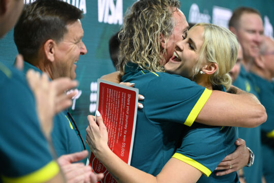 Shayna Jack his her coach Dean Boxall at the Australian team celebration and announcement in Brisbane - photo by Delly Carr, courtesy of Swimming Australia