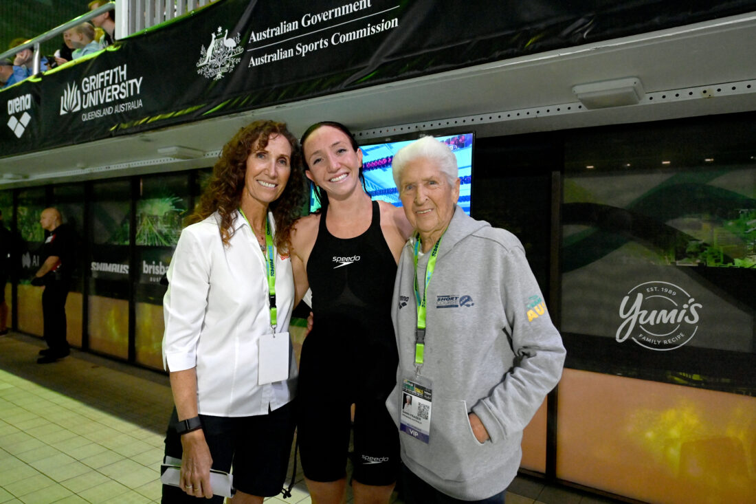 Lani Pallister, centre, with mum and coach Janelle Elford, left,