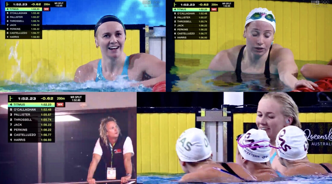 The different faces of a race in which two teammates go inside the standing World record but only one gets the new standard in the fastest domestic 200m race in history. Clockwise from top left: - Ariarne Titmus, Mollie O'Callaghan, coach Dean Boxall, a sorority of speed congratulates Titmus - all images, screenshots courtesy of Channel Nine, exclusive broadcaster of the Trials