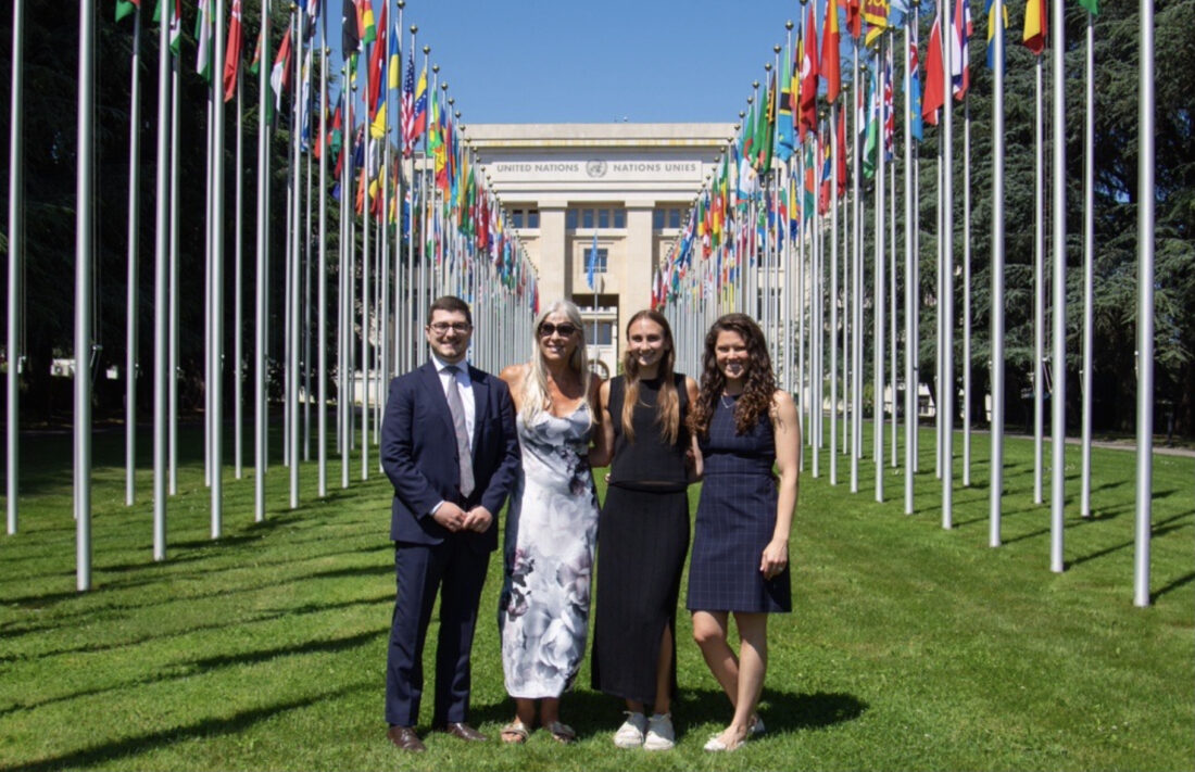 Speaking women’s truth  in sport to power at the UN (l-r): Giorgio Mazzoli, of Alliance Defending Freedom International, Sharron Davies, Chelsea Mitchell; and Rachel Rouleau, legal counsel for the Center for Conscience Initiatives with ADF
