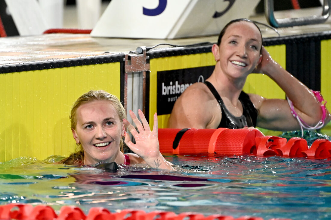 Ariarne Titmus, left, and :Lani Pallister, stamped tickets to Paris the Australian Olympic trials in Brisbane - by Delly Carr, courtesy of Swimming Australia