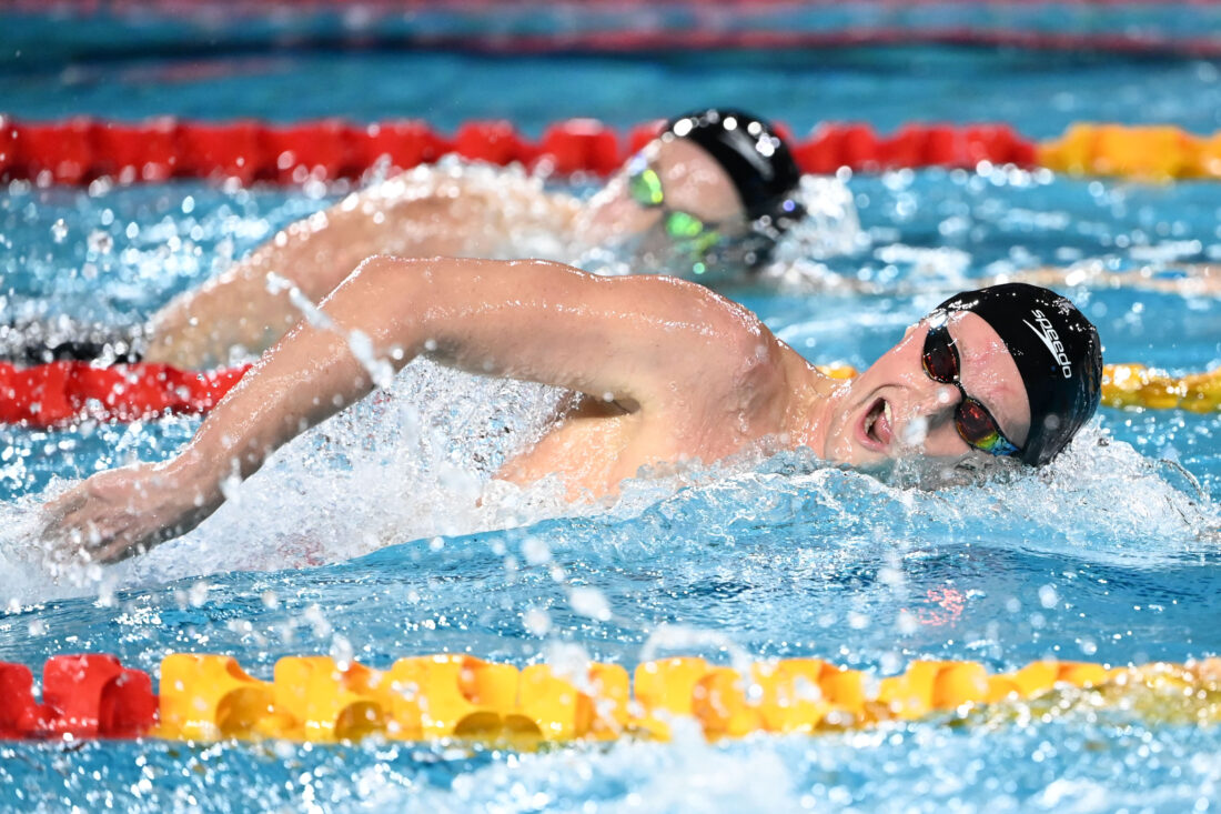 Elijah Winnington, front, and Sam Short, go stroke-for-stroke at 2024 Olympic trials in Brisbane, by Delly Carr, courtesy of Swimming Australia