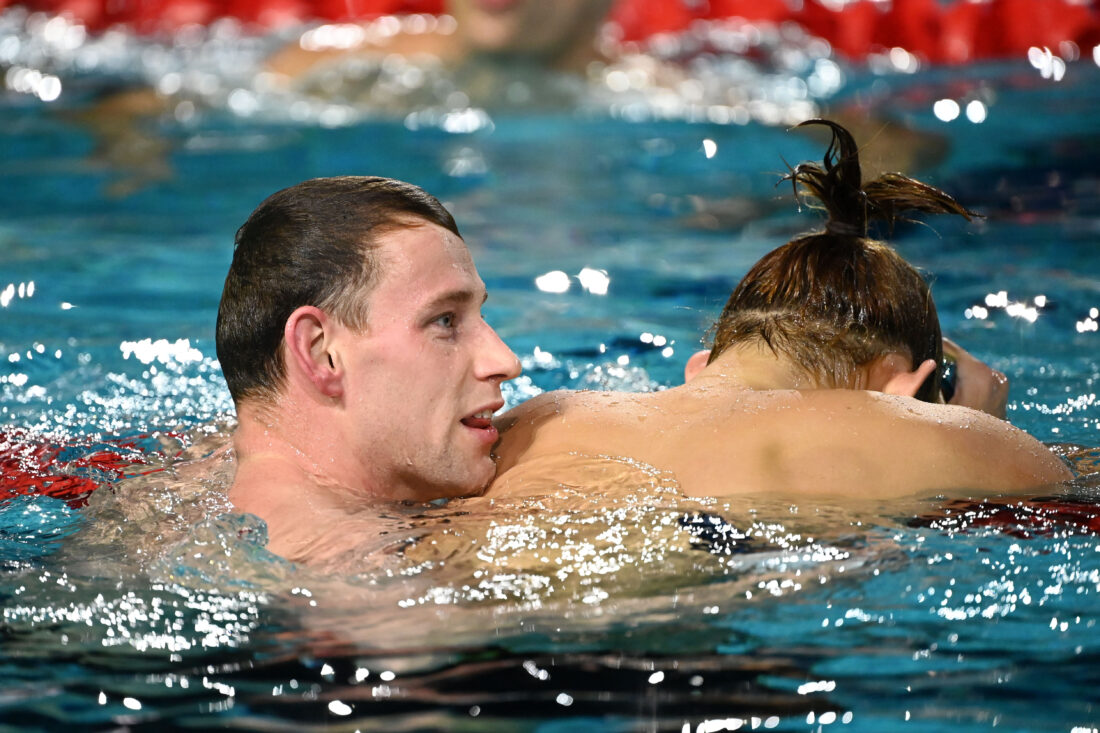 Brad Woodward consoles Josh Edwards-Smith after the 200 back final in Brisbane - by Delly Carr, courtesy of Swimming Australia