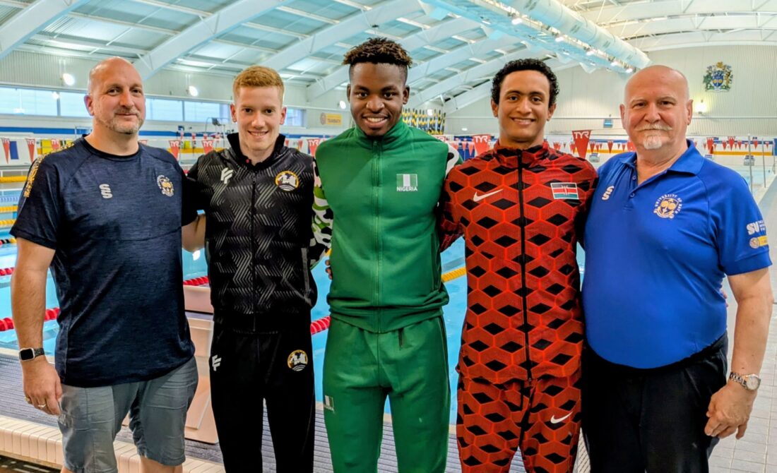 Off to Paris 2024 (l-r): Head of Swimming at Bath University, Mark Skimming, Angola's Henrique Mascarenhas, Nigeria's Tobi Sijuade, Kenya's Ridhwan Mohamed and Assistant Swimming Coach Andrei Vorontsov at the Team Bath Sports Training Village.