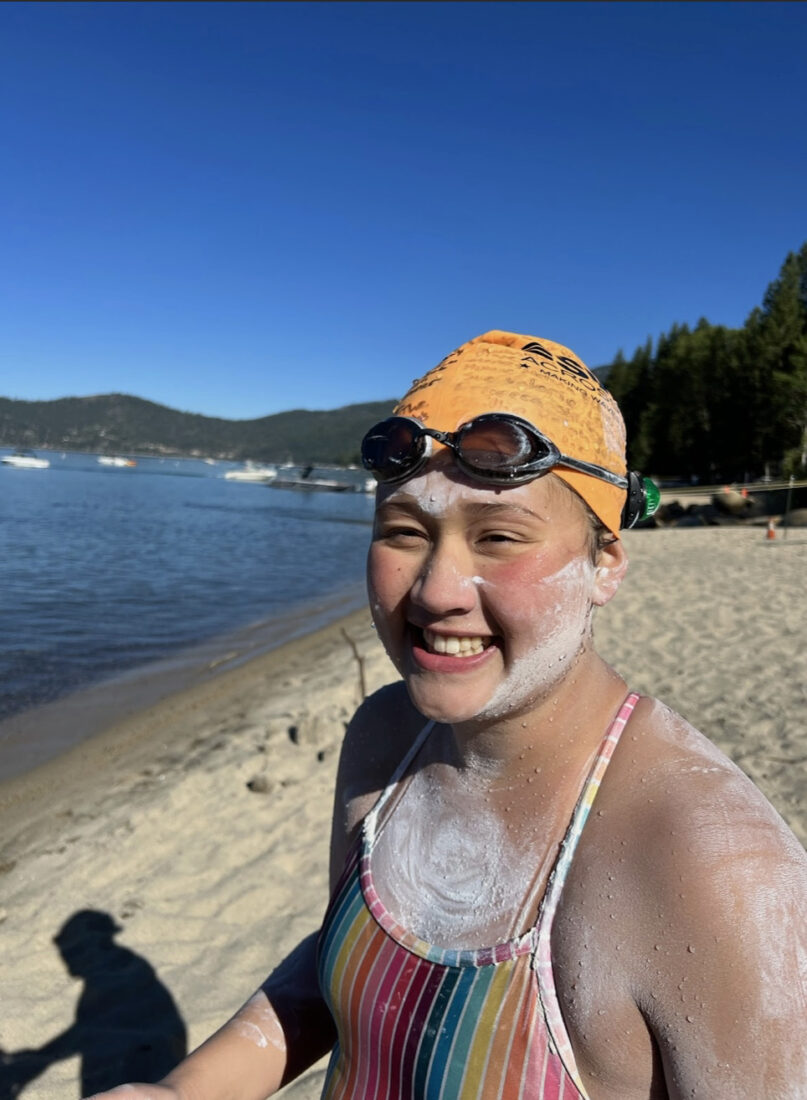 Maya Merhige - all smiles ahead of taking the plunge in Lake Taho3, photo by Liz Tung